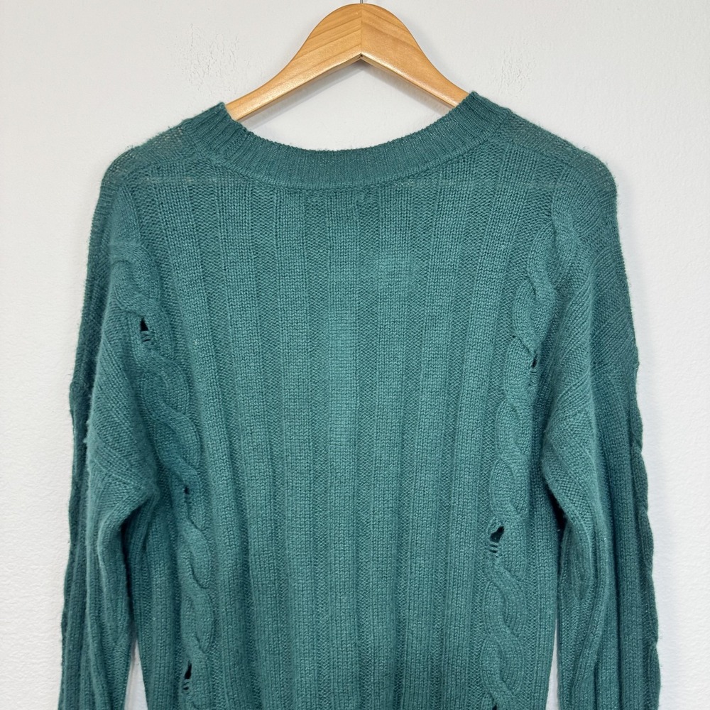 Aqua Cashmere Sweater Women's Medium Green Distressed Cable Knit Pullover Grunge - Picture 8 of 15